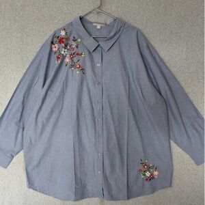 Woman Within Womens 4X Blue Embroidered Floral Oxford Top Relaxed Fit Classic